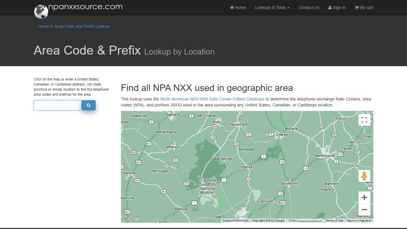 Area Code and Prefix Lookup by Geographic Location